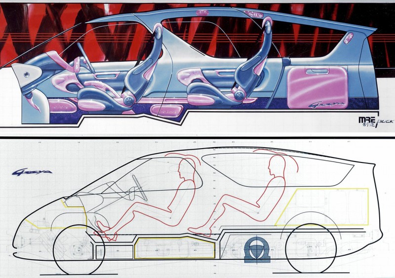A rajzon sárgával jelölt helyek szolgálnak csomagtárolásra. Igen, az ülések alatti terület is, mint a nagy turistabuszokban. Mögötte, a hátsó üléssor alatt kapott helyet a Wankel-motor